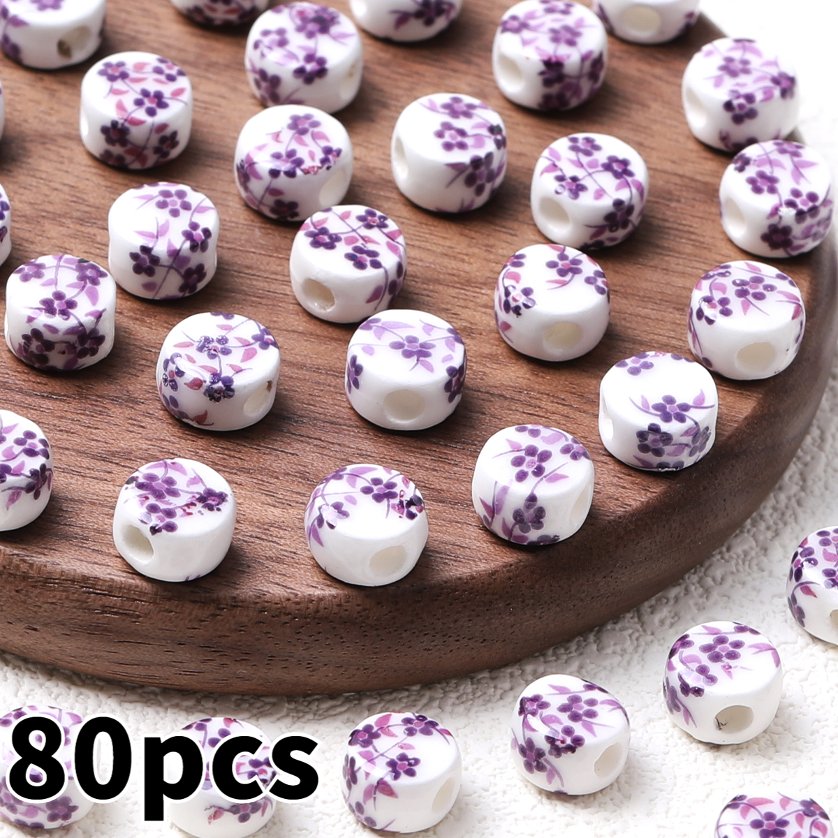 20pcs Random Color Flat Round Printed Flower Ceramic Beads